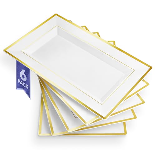 6-Pack White and Gold Plastic Serving Trays - Durable Disposable Platter for Parties