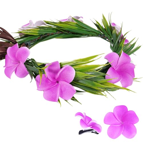 KorViSHOW Hawaiian Flower Crown Headband 3Pcs Pink A, Floral Hair Accessory Set