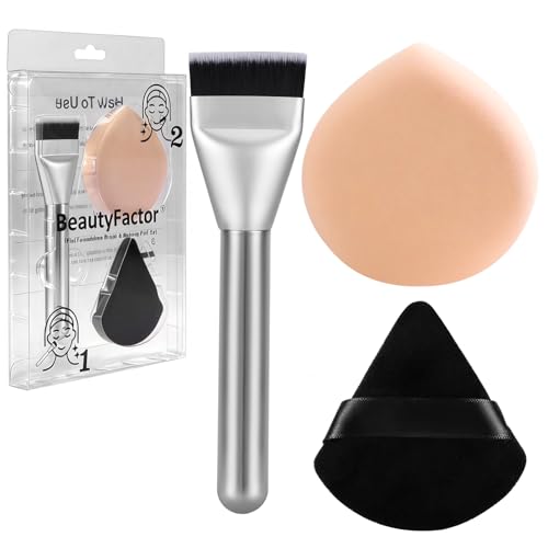 Flat Foundation Brush & Powder Puff Set for Flawless Makeup