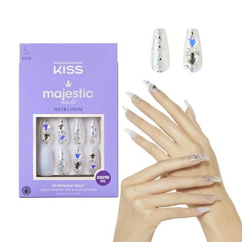 KISS Majestic Press-On Nails - Long Coffin Shaped Jeweled Gel Manicure Kit
