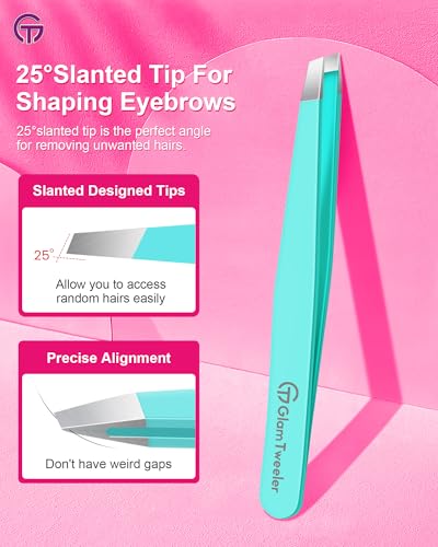 GlamTweeler Professional Slant Tip Eyebrow Tweezers with Leather Case