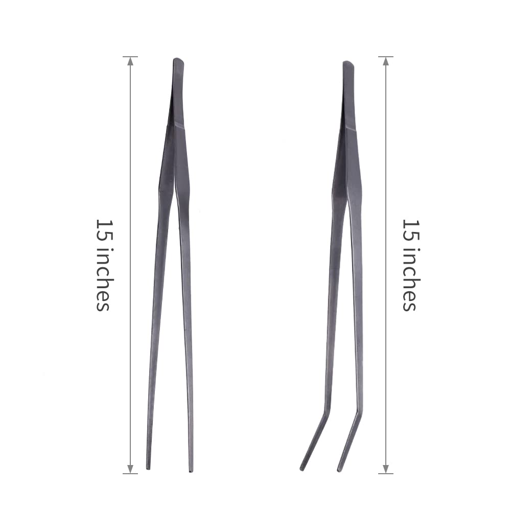 Firesteed Extra Long Handle Aquarium Tweezers Serving Tongs Feed clamp,2 Pack Stainless Steel Straight and Curved Tweezers Set for Fish Tank Plants Reptile Feeding Tongs（15 Inchs）