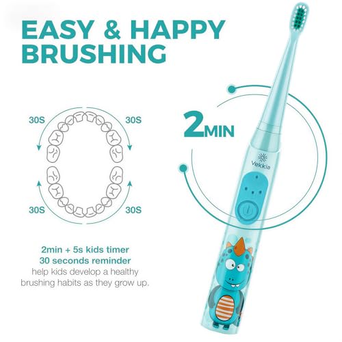 Vekkia Rechargeable Kids Electric Toothbrush - Blue, 3 Modes, Soft Bristles, Waterproof