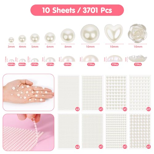 Self-Adhesive Pearl Stickers for Crafts & Makeup - Assorted White Sizes, 3701pcs