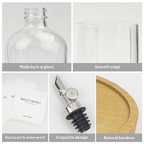 Ezebesta 480ml Glass Mouthwash Dispenser with Bamboo Tray and Cup Holder