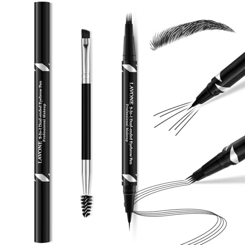 LAVONE 2-in-1 Waterproof Eyebrow Pen Black with Microblading Tips, Long-Lasting