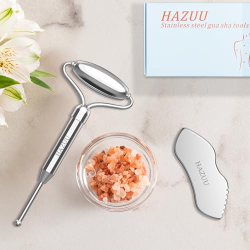 HAZUU Stainless Steel Gua Sha Facial Tool Kit & Massage Roller Set