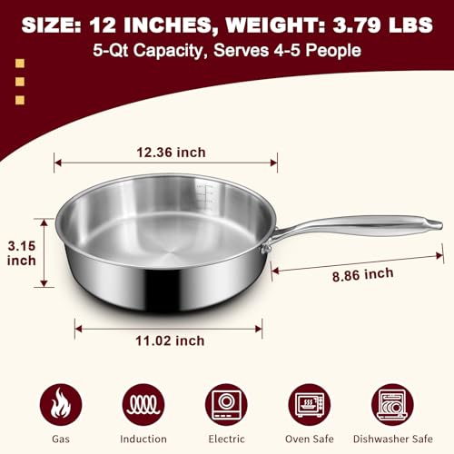 EWFEN 12-Inch Tri-Ply Stainless Steel Frying Pan - Induction Ready