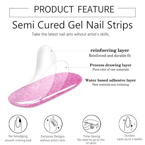 WOKOTO KIT5 Shiny Pink Cat Eye Semi Cured Gel Nail Strips Full Wraps for Women