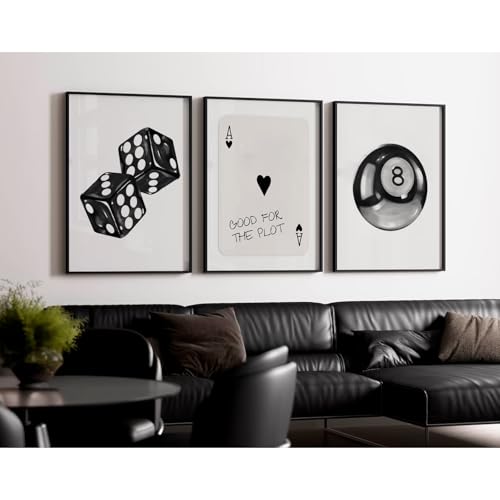8 Ball Canvas Wall Art Set - Unframed Black & White Prints (12x16 in, 3 pcs)