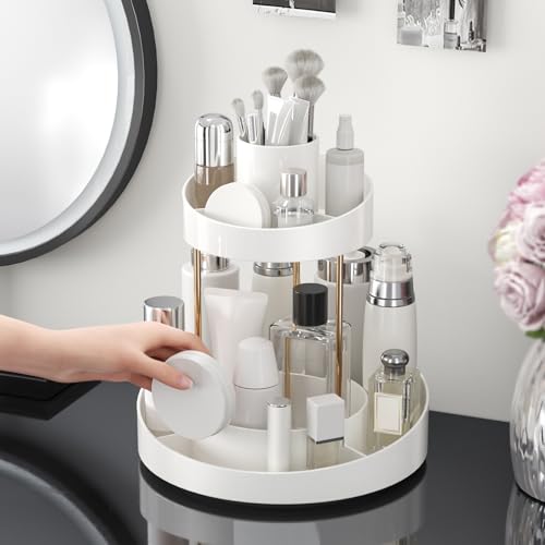 White 2-Tier Rotating Makeup Organizer for Vanity & Bathroom Storage