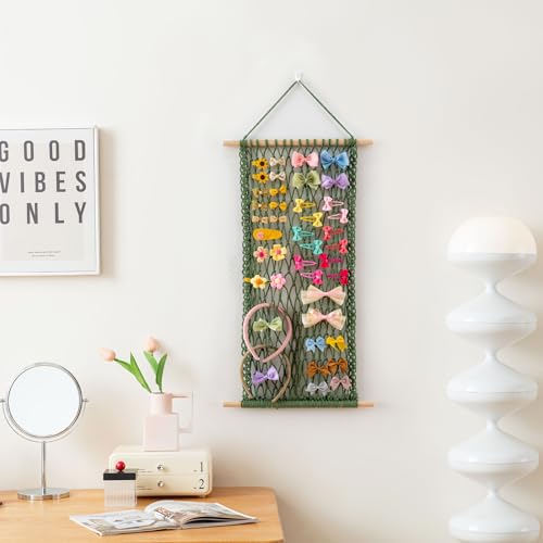 Avocado Green Hair Clip Organizer by Pretty Jolly – Wall-Mounted Boho Macrame Display