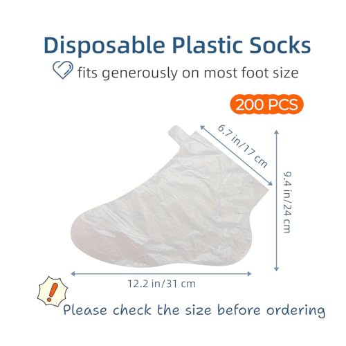 Disposable Plastic Moisturizing Foot Socks Pack of 200 - Leak-Proof, Size 12.2" x 6.7"