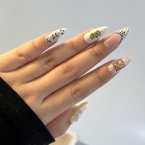 24Pcs Almond Press on Nails - Cute French Tips Manicure Set