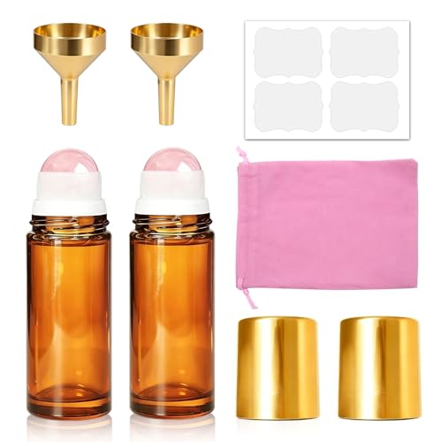 Rose Quartz Roller Bottle - 2 Pack Amber Glass 1oz Roll-ons for Oils