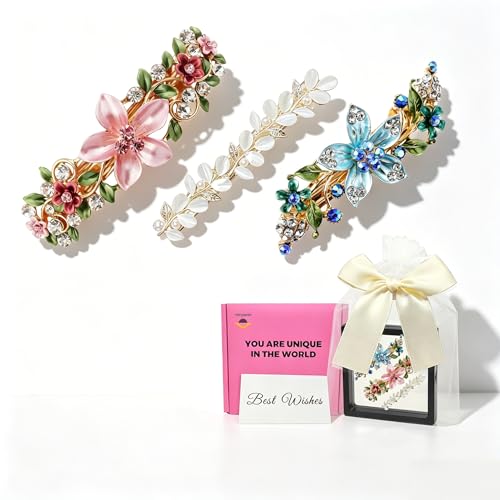 Vintage Flower Hair Clips Set - 3PCS Rhinestone Enamel Barrettes for Women