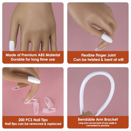 BORNBYME Adjustable Nail Practice Hand with 200 Nail Tips for Training