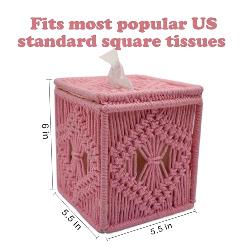 Handwoven Boho Tissue Box Cover - Decorative Pink Holder