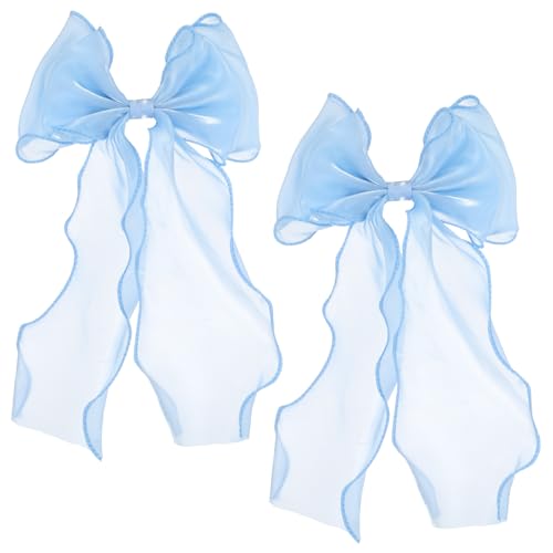 DOPENSPI 2PCS Large Blue Hair Bow Clips - Elegant Silk Ribbon Barrettes