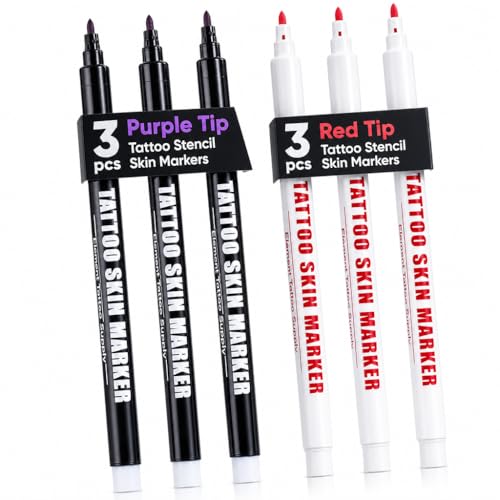Element Tattoo Supply 6 Pack Body Markers in Red & Purple - Bold Tip Skin Pens for Temporary Tattoos & Body Art
