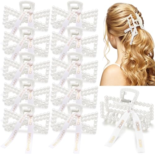 11 Pcs Bridesmaid Pearl Hair Claw Clips with Ribbon for Wedding Hairstyles