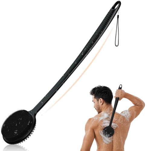 VWMYQ Black 17-Inch Silicone Back Scrubber with Long Handle - Double Sided Shower Body Brush for Exfoliating & Massage