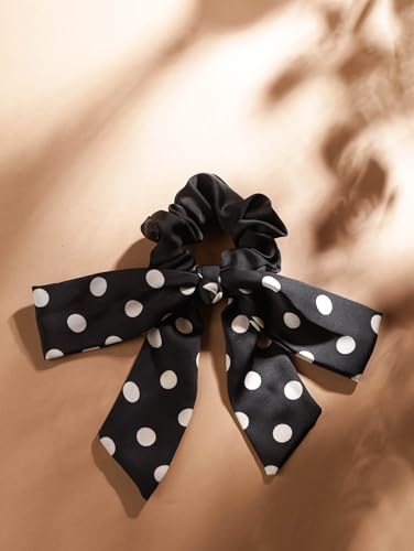 MINACHI Polka Dot Bow Tail Scrunchie - Black Satin Hair Tie TIES.016