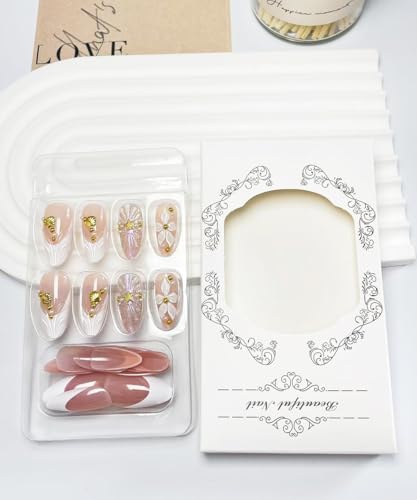 ESLALA Pink French Tip Flower Medium Press-On Nails 24Pcs for Women Menicure