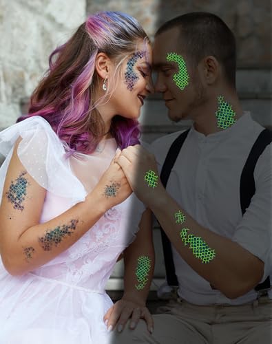 Ulmisfee Halloween 16 Sheets Luminous Mermaid Scale Temporary Tattoos – Glow in the Dark Mermaid Party Favors (Medium)