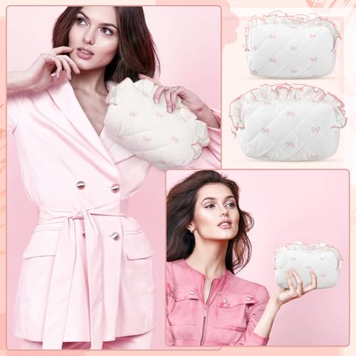 Kacctyen Pink Bow Quilted Makeup Bag Set - Travel Cosmetic Pouch for Women & Girls