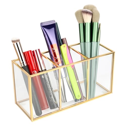 ELEGANTLIFE Clear Tempered Glass Makeup Brush Organizer - 3-Section Holder