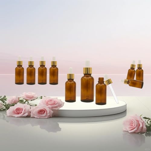 Set of 12 Amber Dropper Bottles 1 oz with Funnels & Labels