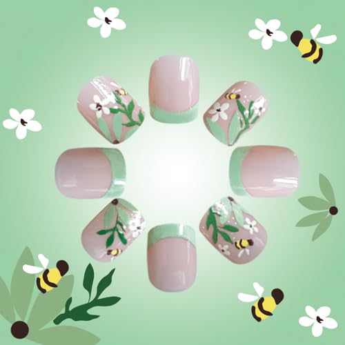 Green French Tip Press-On Nails | Floral Design, 24 Pcs