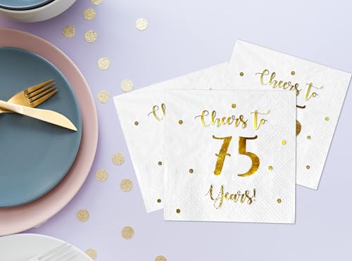 Cheers to 75 Years Cocktail Napkins - 50-Pack 3-Ply, Gold Foil