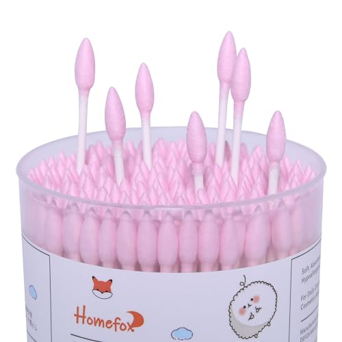 HOMEFOX Pink Organic Cotton Swabs - 200 Count Spiral Tips