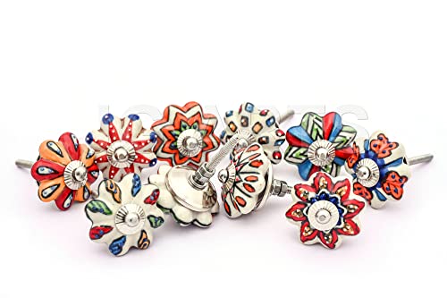 Set of 10 Vintage Ceramic Cabinet Knobs with Chrome Hardware