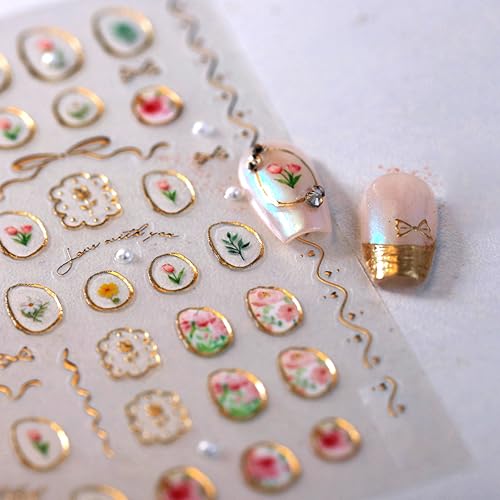 5D Floral Nail Art Stickers with Gold Frames - Self-Adhesive Decals