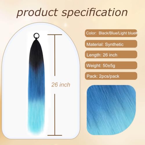 Charsun 26 Inch Black/Blue Light Blue Synthetic Ponytail Hair Extensions with Elastic Tie 2 Pack