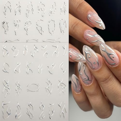 6 Sheets Silver Line Nail Art Stickers - 3D Abstract Design
