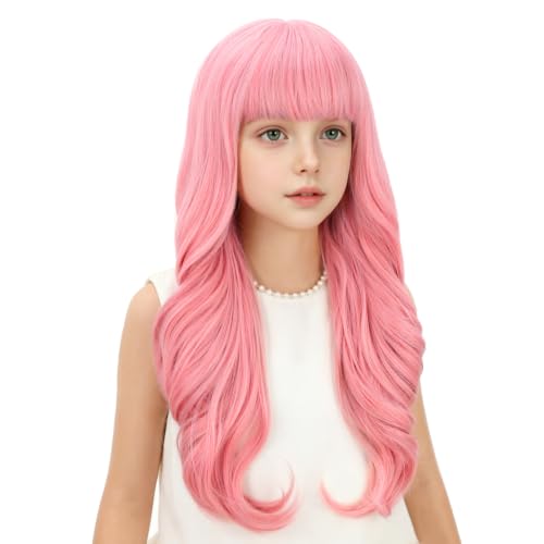 Edivd Kids Pastel Pink Long Wavy Curly Wig with Flat Bangs & Cap - Child-Friendly Synthetic Hair, Heat Resistant, 22 Inch