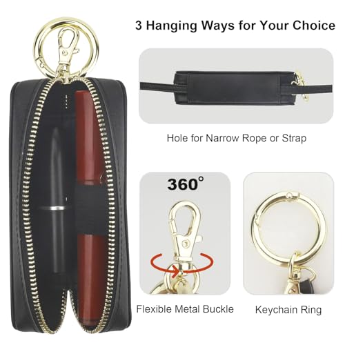 Bocasal Black Leather Lipstick Holder Pouch with Keychain
