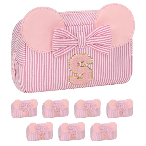 Personalized Initial Makeup Bag - Cute Travel Organizer, Stripe Pink/S