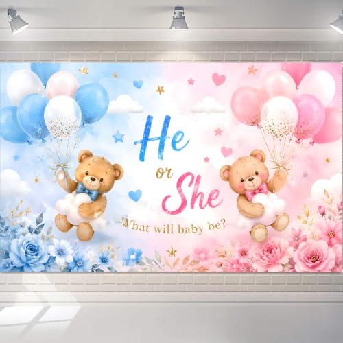 Gender Reveal Backdrop - Teddy Bear Banner, 72x43 in, Pink & Blue
