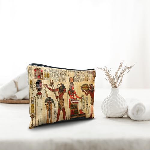 Egyptian Makeup Bag - Linen Cosmetic Travel Pouch with Hieroglyphs