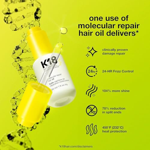 K18 Molecular Repair Hair Oil - Strengthening Peptide Damaged Hair Treatment Oil - 24-Hour Frizz Control + Heat Protectant - Helps Reduce Split Ends + Boost Shine (1 Fl oz)