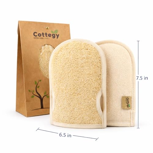 Cottegy Premium Exfoliating Loofah Gloves – 2-Pack Natural Egyptian Loufa Back Scrubbers with Left & Right Thumb Holes