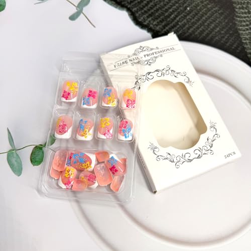 Floral Short Square Press On Nails Set for Women - Summer Flower Design, Glue-On Fake Nails