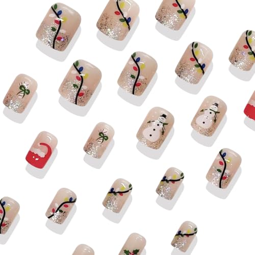HREJHDS Snowman Christmas Glitter Press On Nails Short Square Fake Nails with French Tip & Nude Design