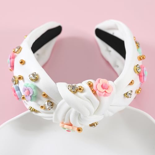B-White Floral Knotted Headband for Women | Sparkly Beaded Hair Accessory