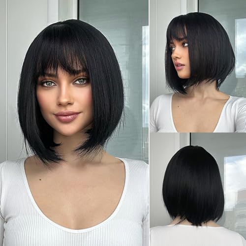Short Bob Wig with Bangs – Natural Black Synthetic Hair for Women